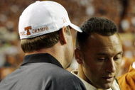 AUSTIN, TX - OCTOBER 18: Derek Jeter and Roger Clemens watch a game between the Texas Longhorns and the Missouri Tigers on October 18, 2008 at Darrell K Royal-Texas Memorial Stadium in Austin, Texas. (Photo by Brian Bahr/Getty Images)