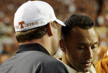 AUSTIN, TX - OCTOBER 18: Derek Jeter and Roger Clemens watch a game between the Texas Longhorns and the Missouri Tigers on October 18, 2008 at Darrell K Royal-Texas Memorial Stadium in Austin, Texas. (Photo by Brian Bahr/Getty Images)