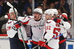 NEW YORK - APRIL 26: (L-R) Alexaner Semin #28,  Alex Ovechkin #8, Nicklas Backstrom #19 and Mike Green #52 of the Washington Capitals celebrate their goal at 16:44 of the second period against the New York Rangers during Game Six of the Eastern Conference Quarterfinal Round of the 2009 NHL Stanley Cup Playoffs at Madison Square Garden on April 26, 2009 in New York, New York. (Photo by Bruce Bennett/Getty Images)