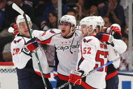 NEW YORK - APRIL 26: (L-R) Alexaner Semin #28,  Alex Ovechkin #8, Nicklas Backstrom #19 and Mike Green #52 of the Washington Capitals celebrate their goal at 16:44 of the second period against the New York Rangers during Game Six of the Eastern Conference Quarterfinal Round of the 2009 NHL Stanley Cup Playoffs at Madison Square Garden on April 26, 2009 in New York, New York. (Photo by Bruce Bennett/Getty Images)