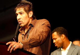 LAS VEGAS - DECEMBER 06:  (L) Antonio Margarito speaks during a news conference as Shane Mosley stands behind him after Manny Pacquiao of the Philippines defeated Oscar De La Hoya during their welterweight fight at the MGM Grand Garden Arena December 6, 2008 in Las Vegas, Nevada. Margarito and Mosley will meet in a welterweight title match on January 24, 2009 in Las Vegas.  (Photo by Ethan Miller/Getty Images)