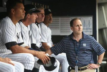 NEW YORK - JULY 2: Alex Rodriguez #2 (L) of the New York Yankees sits on the bench, joined by Yankees General Manager Brian Cashman (R) before a game against the Seattle Mariners at Yankee Stadium on July 2, 2009 in the Bronx borough of New York City.  (Photo by Nick Laham/Getty Images)