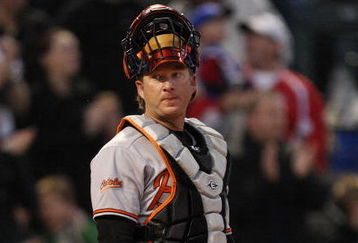 ARLINGTON, TX - APRIL 13:  Catcher Gregg Zaun #9 of the Baltimore Orioles during play against the Texas Rangers on April 13, 2009 at Rangers Ballpark in Arlington, Texas.  (Photo by Ronald Martinez/Getty Images)