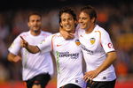 VALENCIA, SPAIN - MAY 09: David Silva (L) of Valencia celerbrates with Joaquin Sanchez  after scoring his team's second goal during the La Liga match between Valencia and Real Madrid at the Mestalla stadium on May 9, 2009 in Valencia, Spain.  (Photo by Denis Doyle/Getty Images)