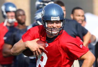 RENTON, WA - JULY 31:  Quarterback Matt Hasselbeck #8 runs to his right during training camp at the Seahawks training facility on July 31, 2009 in Renton, Washington. (Photo by Otto Greule Jr/Getty Images)
