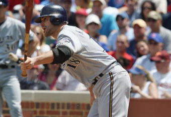 CHICAGO - JULY 03:  Jason Kendall #18 of the Milwaukee Brewers at bat against the Chicago Cubs during their MLB game on July 3, 2009 at Wrigley Field in Chicago, Illinois. (Photo by Jonathan Daniel/Getty Images) 