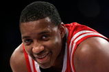 LOS ANGELES, CA - OCTOBER 30:  Tracy McGrady #1 of the Houston Rockets looks on with a smile during a game against the Los Angeles Lakers at Staples Center on October 30, 2007 in Los Angeles, California.  The Rockets won 95-93.  NOTE TO USER: User expressly acknowledges and agrees that, by downloading and or using this Photograph, user is consenting to the terms and conditions of the Getty Images License Agreement.  (Photo by Jeff Gross/Getty Images)