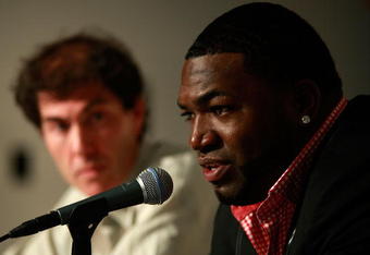 NEW YORK - AUGUST 08:  David Ortiz of the Boston Red Sox speaks to the media regarding his positive test for a performance enhancing substance as part of the 2003 Survey Test during a press conference at Yankee Stadium on  August 8, 2009 in the Bronx borough of New York City.  (Photo by Jared Wickerham/Getty Images)