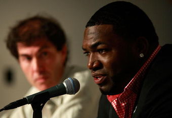 NEW YORK - AUGUST 08:  David Ortiz of the Boston Red Sox speaks to the media regarding his positive test for a performance enhancing substance as part of the 2003 Survey Test during a press conference at Yankee Stadium on  August 8, 2009 in the Bronx borough of New York City.  (Photo by Jared Wickerham/Getty Images)