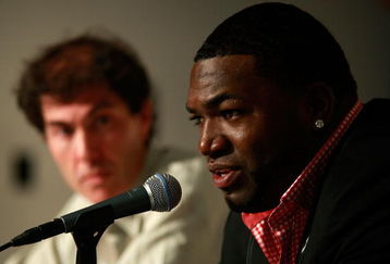 NEW YORK - AUGUST 08:  David Ortiz of the Boston Red Sox speaks to the media regarding his positive test for a performance enhancing substance as part of the 2003 Survey Test during a press conference at Yankee Stadium on  August 8, 2009 in the Bronx borough of New York City.  (Photo by Jared Wickerham/Getty Images)