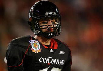 MIAMI - JANUARY 01:  Tony Pike #15 of the Cincinnati Bearcats looks on against the Virginia Tech Hokies during the FedEx Orange Bowl at Dolphin Stadium on January 1, 2009 in Miami, Florida.  (Photo by Doug Benc/Getty Images)