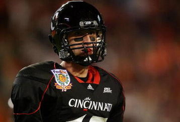 MIAMI - JANUARY 01:  Tony Pike #15 of the Cincinnati Bearcats looks on against the Virginia Tech Hokies during the FedEx Orange Bowl at Dolphin Stadium on January 1, 2009 in Miami, Florida.  (Photo by Doug Benc/Getty Images)