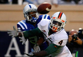 DURHAM, NC - OCTOBER 18:  Receiver Aldarius Johnson #4 of the Miami Hurricanes fails to pull in this touchdown reception against Lee Butler #36 of the Duke Blue Devils during the game at Wallace Wade Stadium on October 18, 2008 in Durham, North Carolina.  (Photo by Kevin C. Cox/Getty Images)
