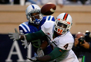 DURHAM, NC - OCTOBER 18:  Receiver Aldarius Johnson #4 of the Miami Hurricanes fails to pull in this touchdown reception against Lee Butler #36 of the Duke Blue Devils during the game at Wallace Wade Stadium on October 18, 2008 in Durham, North Carolina.  (Photo by Kevin C. Cox/Getty Images)