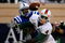 DURHAM, NC - OCTOBER 18:  Receiver Aldarius Johnson #4 of the Miami Hurricanes fails to pull in this touchdown reception against Lee Butler #36 of the Duke Blue Devils during the game at Wallace Wade Stadium on October 18, 2008 in Durham, North Carolina.  (Photo by Kevin C. Cox/Getty Images)