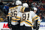 UNIONDALE, NY - APRIL 12: Phil Kessel #81 of the Boston Bruins celebrates his first goal against the New York Islanders with teammates Blake Wheeler #26 on April 12, 2009 at Nassau Coliseum in Uniondale, New York. (Photo by Jim McIsaac/Getty Images)