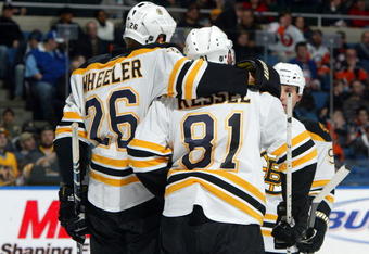 UNIONDALE, NY - APRIL 12: Phil Kessel #81 of the Boston Bruins celebrates his first goal against the New York Islanders with teammates Blake Wheeler #26 on April 12, 2009 at Nassau Coliseum in Uniondale, New York. (Photo by Jim McIsaac/Getty Images)