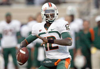 DURHAM, NC - OCTOBER 18: Quarterback  Jacory Harris #12 of the Miami Hurricanes looks to pass during the game against the Duke Blue Devils at Wallace Wade Stadium on October 18, 2008 in Durham, North Carolina.  (Photo by Kevin C. Cox/Getty Images)