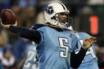 NASHVILLE, TN - JANUARY 10:  Quarterback Kerry Collins #5 of the Tennessee Titans throws the ball against the Baltimore Ravens during the AFC Divisional Playoff Game on January 10, 2009 at LP Field in Nashville, Tennessee.  (Photo by Jonathan Daniel/Getty Images)