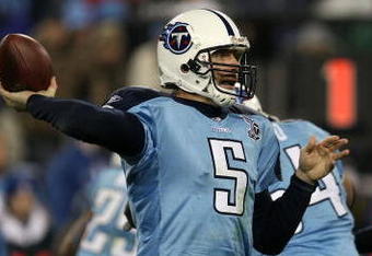 NASHVILLE, TN - JANUARY 10:  Quarterback Kerry Collins #5 of the Tennessee Titans throws the ball against the Baltimore Ravens during the AFC Divisional Playoff Game on January 10, 2009 at LP Field in Nashville, Tennessee.  (Photo by Jonathan Daniel/Getty Images)