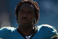 JACKSONVILLE, FL - OCTOBER 26:  Derrick Harvey #91 of the Jacksonville Jaguars  in a game against the Cleveland Browns at Jacksonville Muncipal Stadium on October 26, 2008 in Jacksonville, Florida.  (Photo by Sam Greenwood/Getty Images)