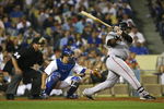 LOS ANGELES, CA - MAY 08:  Pablo Sandoval #48 of the San Francisco Giants hits an infield single scoring Emmanuel Burriss in the seventh inning against the Los Angeles Dodgers at Dodger Stadium on May 8, 2009 in Los Angeles, California.  (Photo by Jeff Gross/Getty Images)