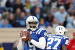 DURHAM, NC - NOVEMBER 29:  Quarterback Thaddeus Lewis #9 of the Duke Blue Devils drops back to pass the ball during the game against the North Carolina Tar Heels at Wallace Wade Stadium on November 29, 2008 in Durham, North Carolina. (Photo by Kevin C. Cox/Getty Images)