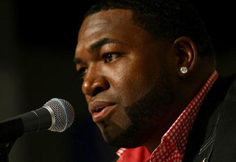 NEW YORK - AUGUST 08:  David Ortiz of the Boston Red Sox speaks to the media regarding his positive test for a performance enhancing substance as part of the 2003 Survey Test during a press conference at Yankee Stadium on  August 8, 2009 in the Bronx borough of New York City.  (Photo by Chris McGrath/Getty Images)