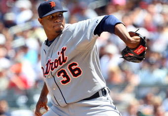 NEW YORK - JULY 19:  Edwin Jackson #36 of the Detroit Tigers pitches against the New York Yankees on July 19, 2009 at Yankee Stadium in the Bronx borough of New York City.  (Photo by Jim McIsaac/Getty Images)