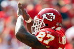 KANSAS CITY, MO - SEPTEMBER 28:  Larry Johnson #27 of the Kansas City Chiefs is lifted by teammate Branden Albert #76 after scoring a touchdown against the Denver Broncos on September 28, 2008 at Arrowhead Stadium in Kansas City, Missouri.  (Photo by Jamie Squire/Getty Images)