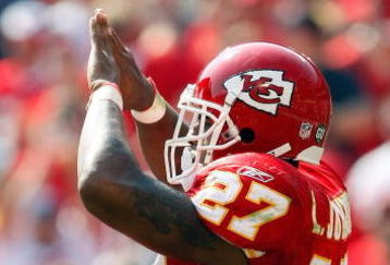 KANSAS CITY, MO - SEPTEMBER 28:  Larry Johnson #27 of the Kansas City Chiefs is lifted by teammate Branden Albert #76 after scoring a touchdown against the Denver Broncos on September 28, 2008 at Arrowhead Stadium in Kansas City, Missouri.  (Photo by Jamie Squire/Getty Images)