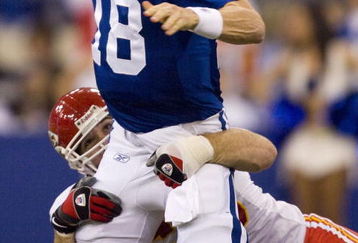 INDIANAPOLIS - NOVEMBER 18:  Peyton Manning #18 of the Indianapolis Colts looks to avoid being sacked by Jared Allen #69 of the Kansas City Chiefs on November 18, 2007 at the RCA Dome in Indianapolis, Indiana. The Colts defeated the Chiefs 13-10.  (Photo by Dilip Vishwanat/Getty Images)