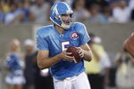 CANTON, OH - AUGUST 9: Kerry Collins #5 of the Tennessee Titans looks to pass the football against the Buffalo Bills during the Pro Football Hall of Fame Game at Fawcett Stadium on August 9, 2009 in Canton, Ohio. The Titans defeated the Bills 21-18. (Photo by Joe Robbins/Getty Images)