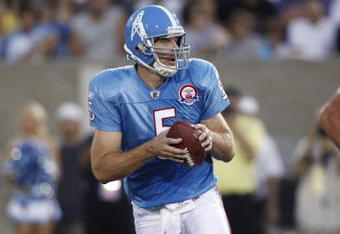 CANTON, OH - AUGUST 9: Kerry Collins #5 of the Tennessee Titans looks to pass the football against the Buffalo Bills during the Pro Football Hall of Fame Game at Fawcett Stadium on August 9, 2009 in Canton, Ohio. The Titans defeated the Bills 21-18. (Photo by Joe Robbins/Getty Images)