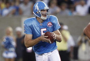 CANTON, OH - AUGUST 9: Kerry Collins #5 of the Tennessee Titans looks to pass the football against the Buffalo Bills during the Pro Football Hall of Fame Game at Fawcett Stadium on August 9, 2009 in Canton, Ohio. The Titans defeated the Bills 21-18. (Photo by Joe Robbins/Getty Images)