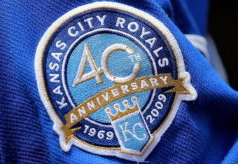 BALTIMORE - JULY 30:  A detail photo of the patch commemorating the 40th Anniversary of the Kansas City Royals on the uniform of Alberto Callaspo #13 of the Kansas City Royals as he warms up on deck against the Baltimore Orioles during MLB action at Oriole Park at Camden Yards on July 30, 2009 in Baltimore, Maryland. The Orioles defeated the Royals 7-3.  (Photo by Doug Pensinger/Getty Images)