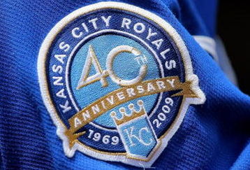 BALTIMORE - JULY 30:  A detail photo of the patch commemorating the 40th Anniversary of the Kansas City Royals on the uniform of Alberto Callaspo #13 of the Kansas City Royals as he warms up on deck against the Baltimore Orioles during MLB action at Oriole Park at Camden Yards on July 30, 2009 in Baltimore, Maryland. The Orioles defeated the Royals 7-3.  (Photo by Doug Pensinger/Getty Images)