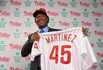 PHILADELPHIA - July 15: The Philadelphia Phillies Pedro Martinez holds up his jersey after joining the team on July 15, 2009 at Citizens Bank Park in Philadelphia, Pennsylvania. (Photo by Drew Hallowell/Getty Images)