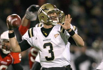 MUNCIE, IN - NOVEMBER 25:  Quarterback Tim Hiller #3 of the Western Michigan Broncos passes the ball during the MAC game against the Ball State Cardinals at Scheumann Stadium on November 25, 2008 in Muncie, Indiana.  (Photo by Andy Lyons/Getty Images)