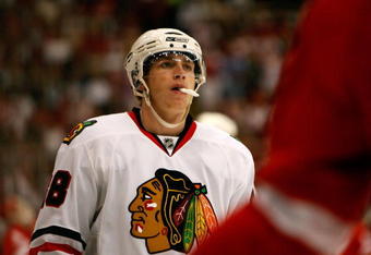 DETROIT - MAY 27:  Patrick Kane #88 of the Chicago Blackhawks looks on against the Detroit Red Wings during Game Five of the Western Conference Championship Round of the 2009 Stanley Cup Playoffs on May 27, 2009 at Joe Louis Arena in Detroit, Michigan. The Red Wings won 2-1 in overtime. (Photo by Gregory Shamus/Getty Images)
