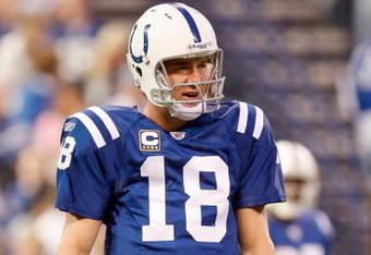 INDIANAPOLIS - DECEMBER 28:  Quarterback Peyton Manning #18 of the Indianapolis Colts stands on the field during the game against the Tennessee Titans on December 28, 2008 at Lucas Oil Stadium in Indianapolis, Indiana. (Photo by: Jamie Squire/Getty Images)