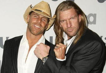 NEW YORK - MARCH 26: WWE wrestlers Shawn Michaels and Triple H attend the USA Network Upfront at The Modern on March 26, 2008 in New York City.  (Photo by Andrew Walker/Getty Images)