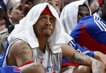 CLEVELAND - FEBRUARY 22: Allen Iverson #1 of the Detroit Pistons looks on from the bench during a loss to the Cleveland Cavaliers on February 22, 2009 at the Quicken Loans Arena in Cleveland, Ohio. Cleveland won the game 99-78. NOTE TO USER: User expressly acknowledges and agrees that, by downloading and or using this photograph, User is consenting to the terms and conditions of the Getty Images License Agreement.  (Photo by Gregory Shamus/Getty Images)