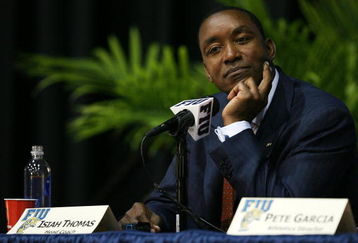 MIAMI - APRIL 15:  Isiah Thomas talks to the media after he was introduced as the new head coach for Florida International Univeristy men's basketball team at U.S.Century Bank Arena on April 15, 2009 in Miami, Florida.  (Photo by Doug Benc/Getty Images)