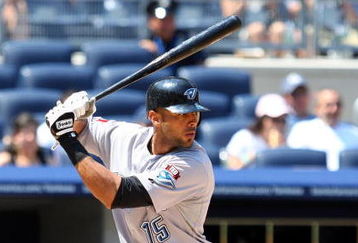 NEW YORK - JULY 06:  Alex Rios #15 of the Toronto Blue Jays bats against the New York Yankees on July 6, 2009 at Yankee Stadium in the Bronx borough of New York City.  (Photo by Jim McIsaac/Getty Images)