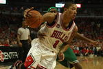CHICAGO - APRIL 26: Derrick Rose #1 of the Chicago Bulls drives past Rajon Rondo #9 of the Boston Celtics in Game Four of the Eastern Conference Quarterfinals during the 2009 NBA Playoffs at the United Center on April 26, 2009 in Chicago, Illinois. The Bulls defeated the Celtics 121-118 in double overtime. NOTE TO USER: User expressly acknowledges and agreees that, by downloading and/or using this Photograph, User is consenting to the terms and conditions of the Getty Images License Agreement.  Photo by Jonathan Daniel/Getty Images)