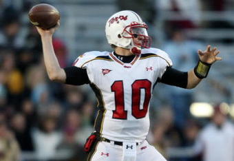 CHESTNUT HILL, MA - NOVEMBER 29:  Chris Turner #10 of the Maryland Terrapins passes the ball in the first quarter against the Boston College Eagles on November 29, 2008 at Alumni Stadium in Chestnut Hill, Massachusetts.  (Photo by Elsa/Getty Images)