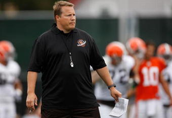 BEREA, OH - AUGUST 07:  Head coach Eric Mangini of the Cleveland Browns looks on during training camp at the Cleveland Browns Training and Administrative Complex on August 7, 2009 in Berea, Ohio.  (Photo by Gregory Shamus/Getty Images)