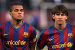 SAN FRANCISCO - AUGUST 08:  Dani Alvez #2 and Lionel Messi #10 of FC Barcelona line up before their game against Guadalajara Chivas during an international friendly match at Candlestick Park on August 8, 2009 in San Francisco, California.  (Photo by Jed Jacobsohn/Getty Images)