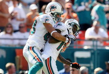 MIAMI - NOVEMBER 23:  Wide receiver Greg Camarillo #83 of the Miami Dolphins celebrates with Ted Ginn Jr. #19 after his touchdown catch in the first quarter against the New England Patriots at Dolphin Stadium on November 23, 2008 in Miami, Florida.  (Photo by Doug Benc/Getty Images)